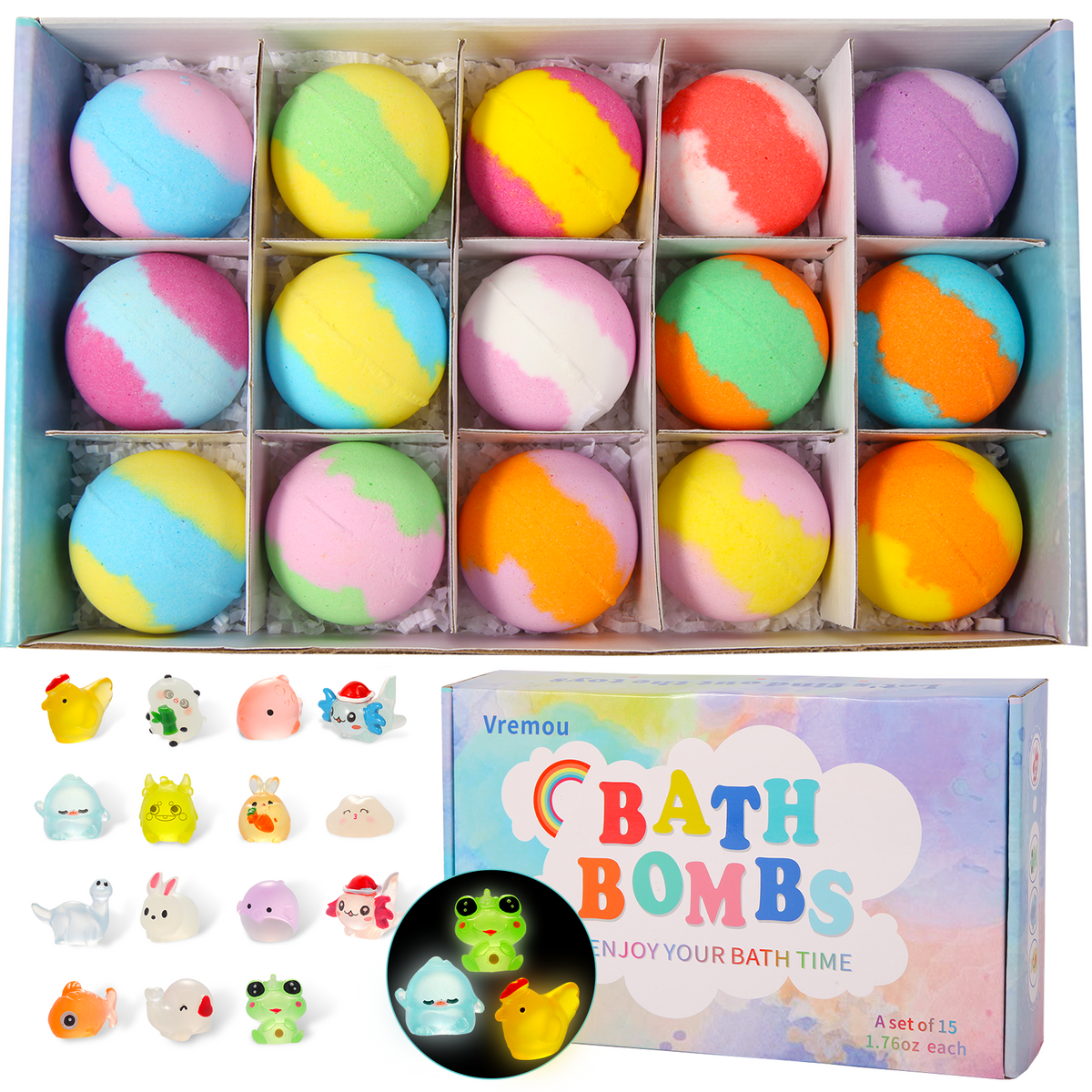 Bath Bombs for Kids, 15pcs Kids Bubble Bath with Glow in The Dark Surprise Toys Inside, Natural and Colorful Fizz Shower Bomb for Kids-VRUMO