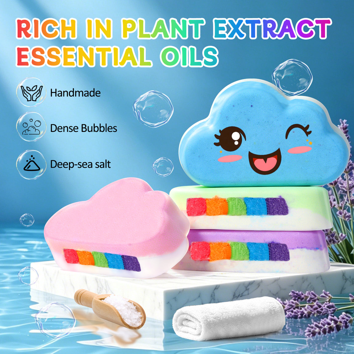 Rainbow Bath Bombs for Kids, Handmade 4 Pcs Kids Bath Bombs Gift Set for Girls Teens