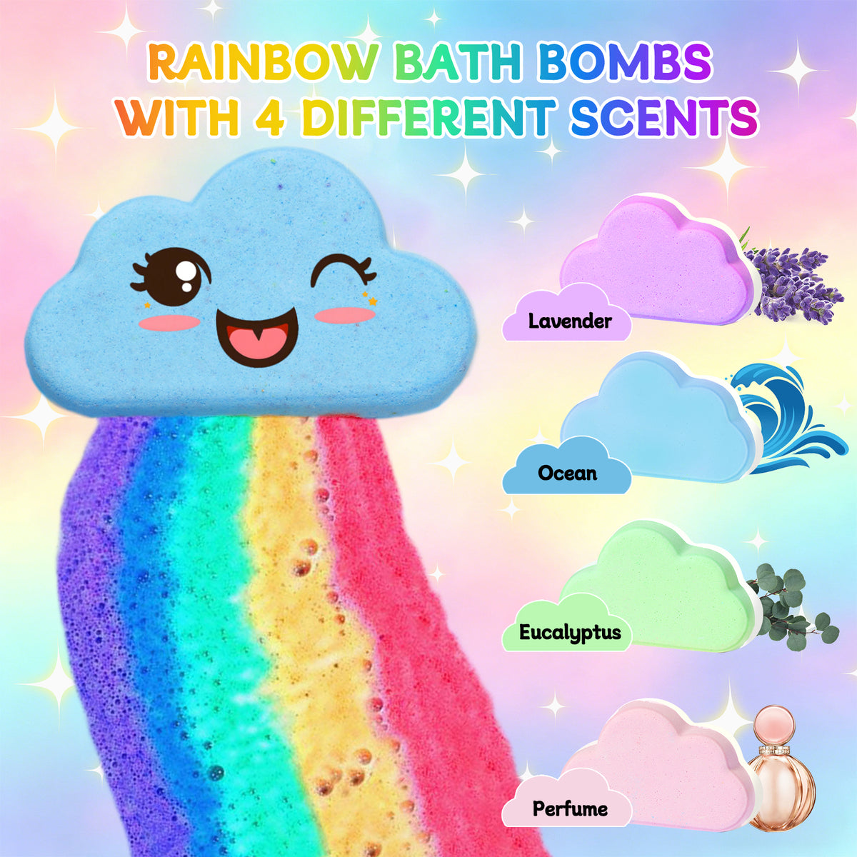 Rainbow Bath Bombs for Kids, Handmade 4 Pcs Kids Bath Bombs Gift Set for Girls Teens