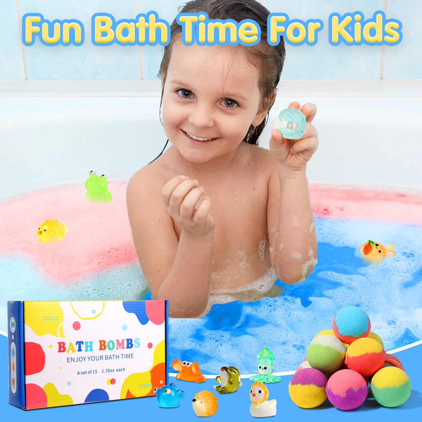 Bath Bombs for Kids, 15pcs Kids Bubble Bath with Surprise Toys Inside, Kids Friendly & Non-Toxic Fizzy for Girls Boys, Perfect Birthday Gift