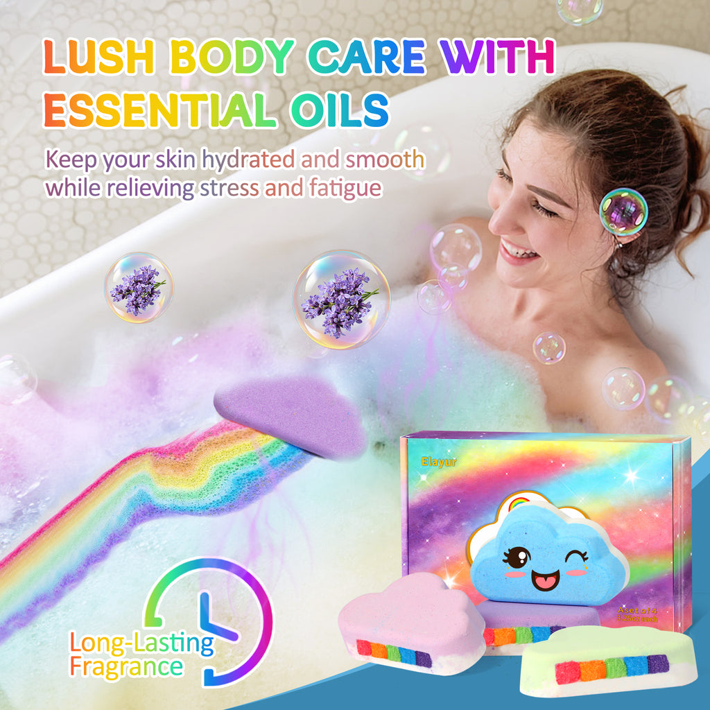 Rainbow Bath Bombs for Kids, Handmade 4 Pcs Kids Bath Bombs Gift Set for Girls Teens