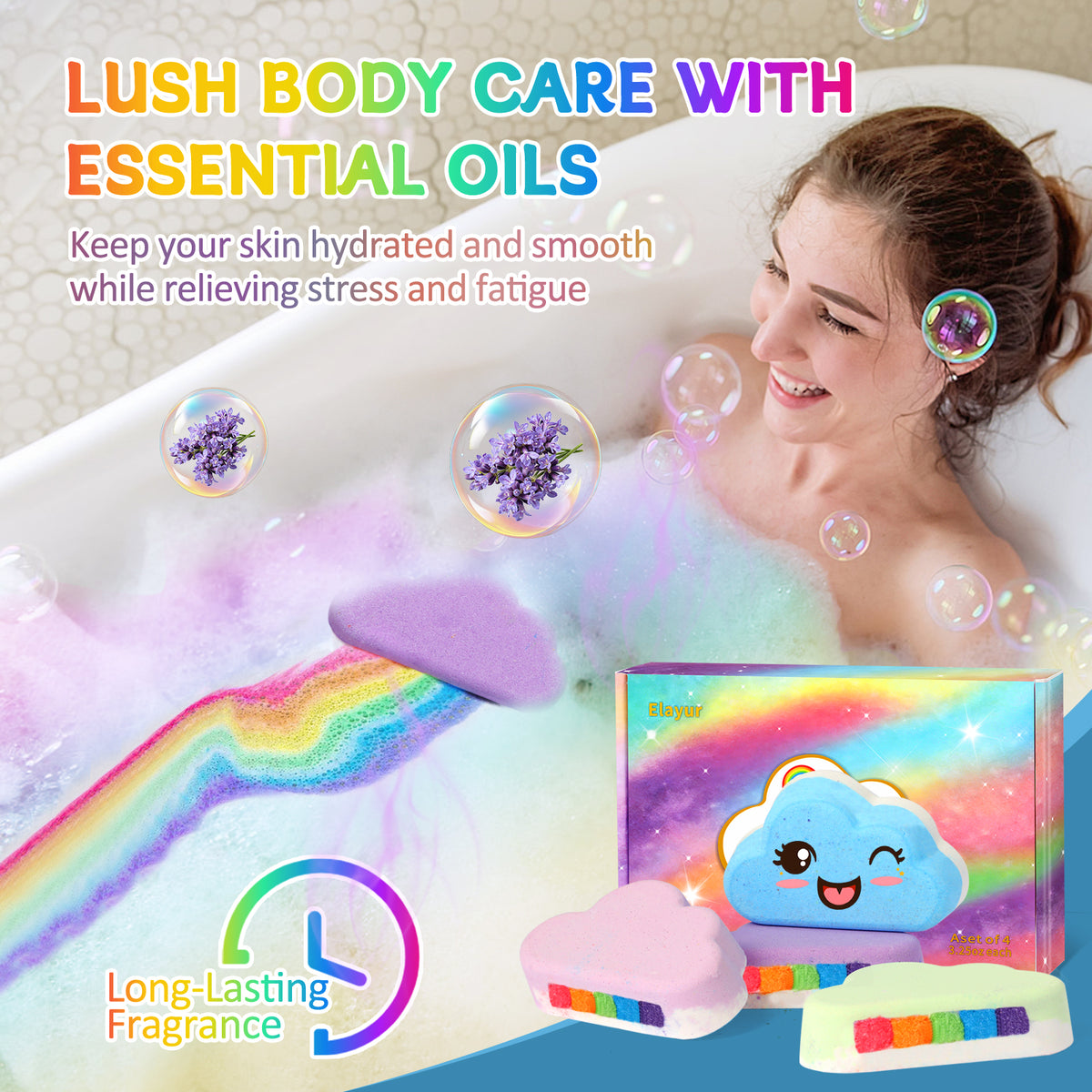 Rainbow Bath Bombs for Kids, Handmade 4 Pcs Kids Bath Bombs Gift Set for Girls Teens